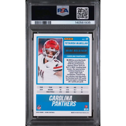 Graded 2025 Panini Score Tetairoa McMillan #17 Rookie RC Football Card PSA 10 Gem Mint | PSA 10 Gem Mint Graded Rookie Card | vintageantiquesgifts.com