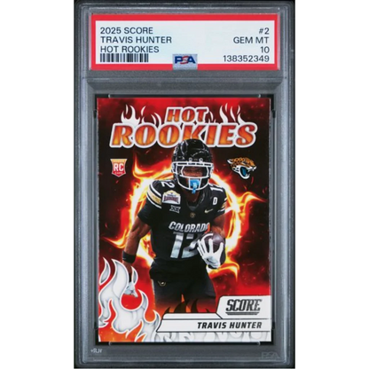 Graded 2025 Panini Score Travis Hunter #2 Hot Rookies Rookie RC Football Card PSA 10 Gem Mint | Hall of Fame Sports Memorabilia | vintageantiquesgifts.com