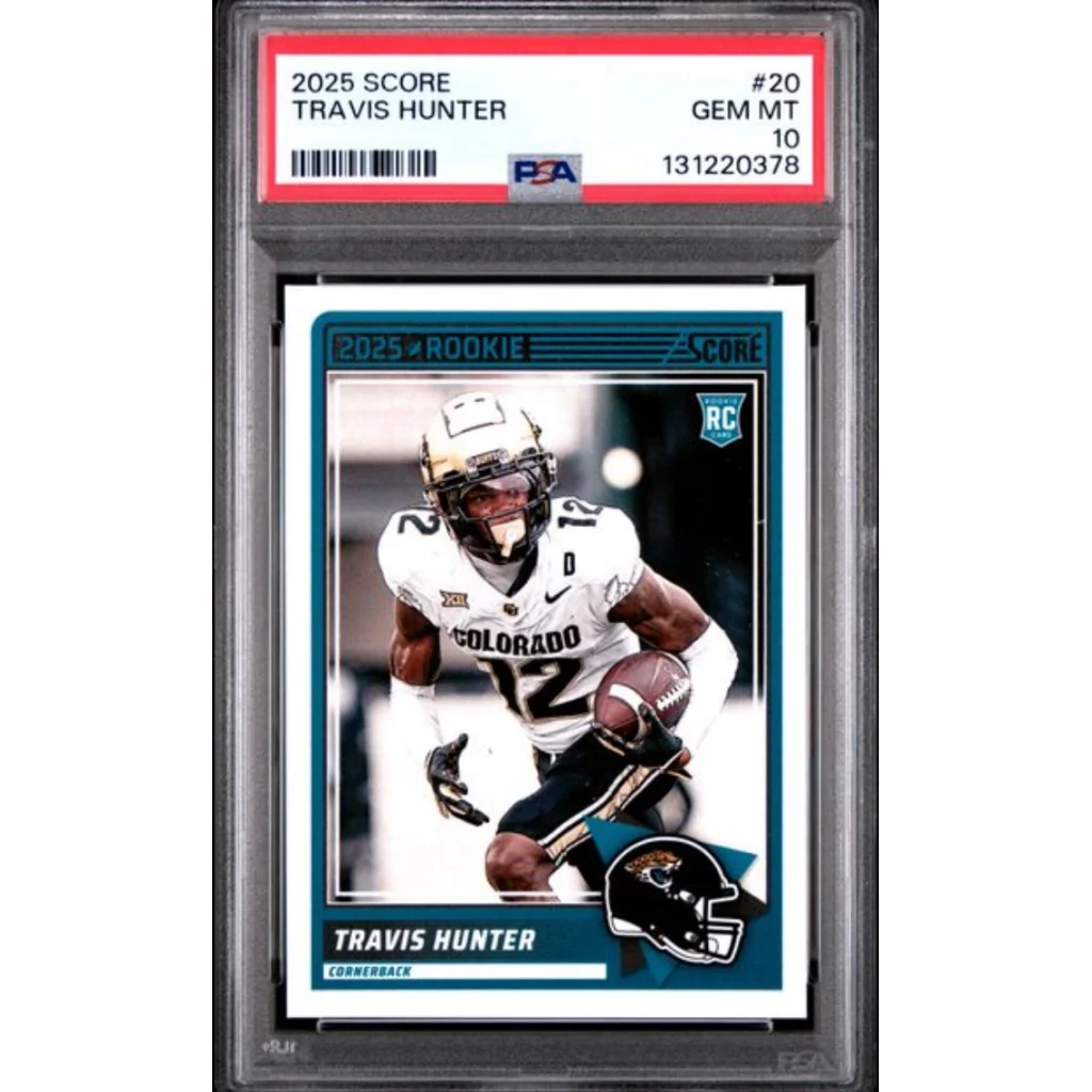 Graded 2025 Panini Score Travis Hunter 20 Rookie RC Football Card PSA 10 Gem Mint | Hall of Fame Sports Memorabilia | vintageantiquesgifts.com