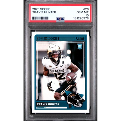 Graded 2025 Panini Score Travis Hunter 20 Rookie RC Football Card PSA 10 Gem Mint | Hall of Fame Sports Memorabilia | vintageantiquesgifts.com