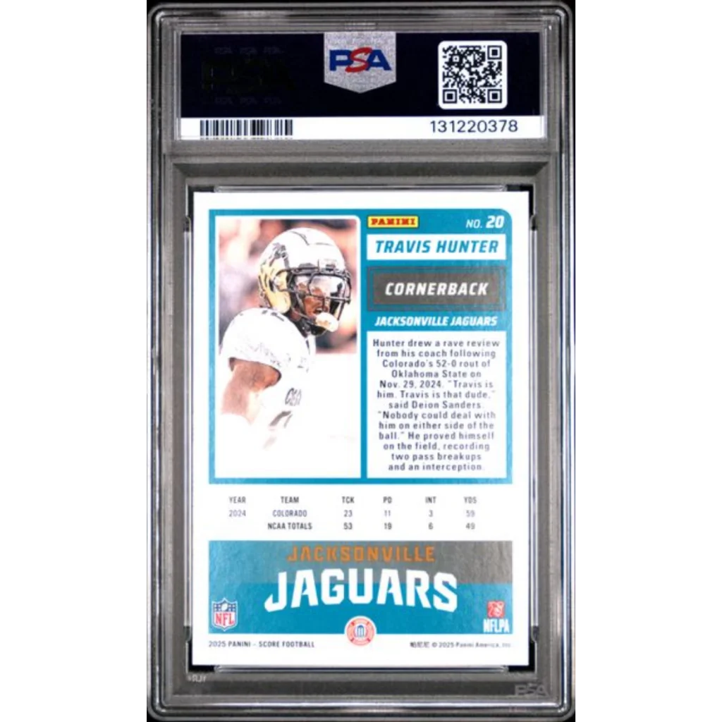Graded 2025 Panini Score Travis Hunter 20 Rookie RC Football Card PSA 10 Gem Mint | PSA 10 Gem Mint Graded Rookie Card | vintageantiquesgifts.com