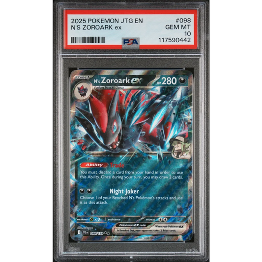 Graded 2025 PKM Journey Together N's Zoroark Ex #098 Trading Card Game PSA 10 Gem Mint | Hall of Fame Sports Memorabilia | vintageantiquesgifts.com