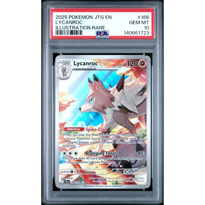 Graded 2025 PKM JTG EN Lycanroc 166 Illustration Rare Trading Card Game PSA 10 Gem Mint | Hall of Fame Sports Memorabilia | vintageantiquesgifts.com