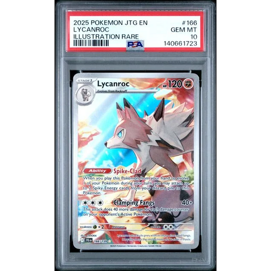 Graded 2025 PKM JTG EN Lycanroc 166 Illustration Rare Trading Card Game PSA 10 Gem Mint | Hall of Fame Sports Memorabilia | vintageantiquesgifts.com