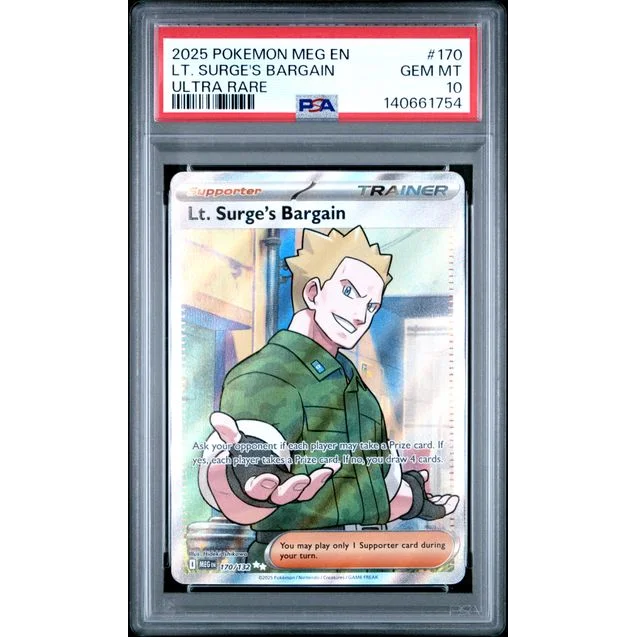 Graded 2025 PKM MEG EN Lt. Surge's Bargain 170 Ultra Rare Trading Card Game PSA 10 Gem Mint | Hall of Fame Sports Memorabilia | vintageantiquesgifts.com
