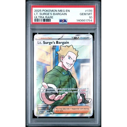 Graded 2025 PKM MEG EN Lt. Surge's Bargain 170 Ultra Rare Trading Card Game PSA 10 Gem Mint | Hall of Fame Sports Memorabilia | vintageantiquesgifts.com