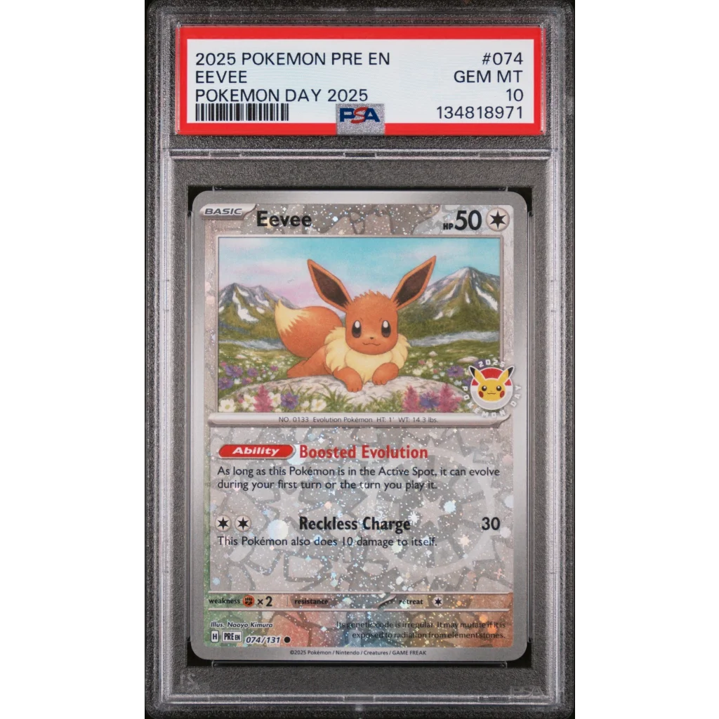 Graded 2025 PKM PRE EN Eevee 074 Pokemon Day Trading Card Game PSA 10 Gem Mint | Hall of Fame Sports Memorabilia | vintageantiquesgifts.com