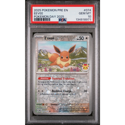 Graded 2025 PKM PRE EN Eevee 074 Pokemon Day Trading Card Game PSA 10 Gem Mint | Hall of Fame Sports Memorabilia | vintageantiquesgifts.com