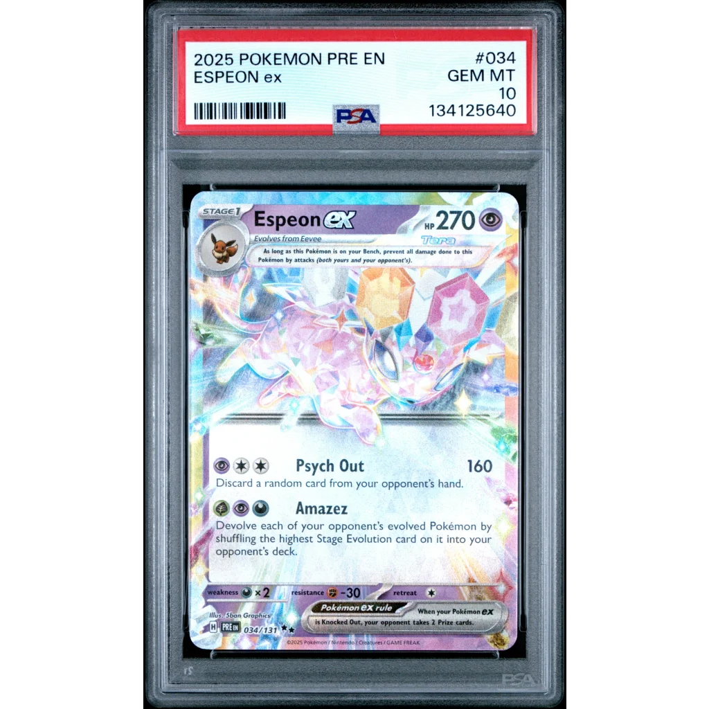 Graded 2025 pokémon tcg espeon ex prismatic evolutions trading card number 34 pre en psa 10 gem mint condition