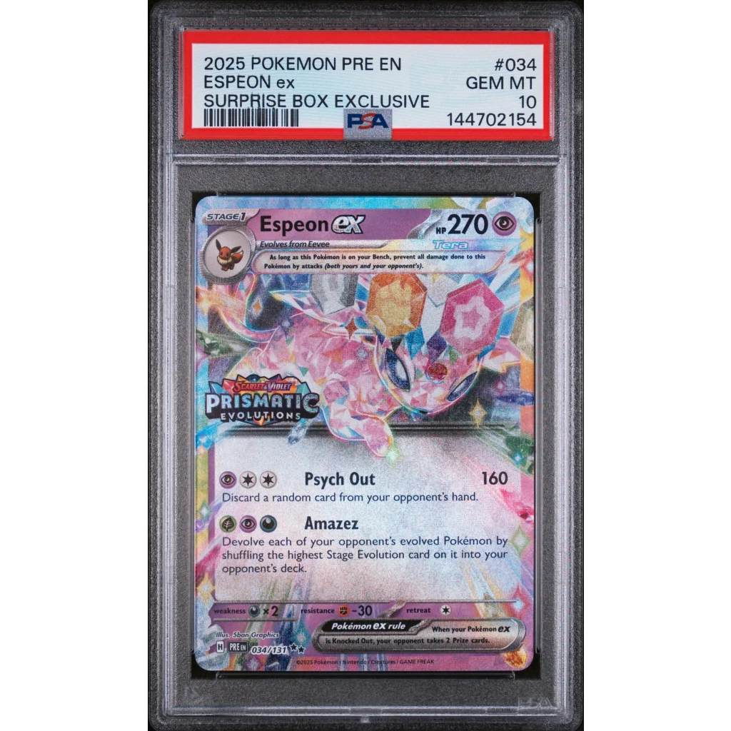 Graded 2025 PKM PRE EN Espeon Ex 034 Surprise Box Exclusive SBE Prismatic Evolutions Trading Card Game PSA 10 Gem Mint | Hall of Fame Sports Memorabilia | vintageantiquesgifts.com