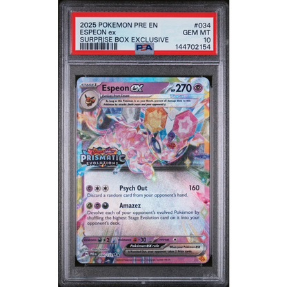 Graded 2025 PKM PRE EN Espeon Ex 034 Surprise Box Exclusive SBE Prismatic Evolutions Trading Card Game PSA 10 Gem Mint | Hall of Fame Sports Memorabilia | vintageantiquesgifts.com