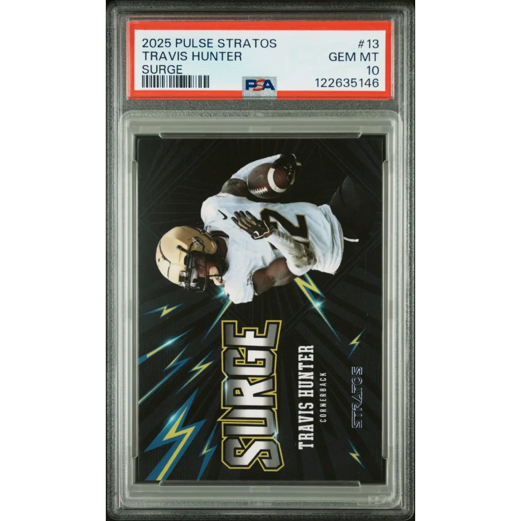 Graded 2025 Pulse Stratos Travis Hunter #13 Surge /40 Rookie RC Football Card PSA 10 Gem Mint | Hall of Fame Sports Memorabilia | vintageantiquesgifts.com