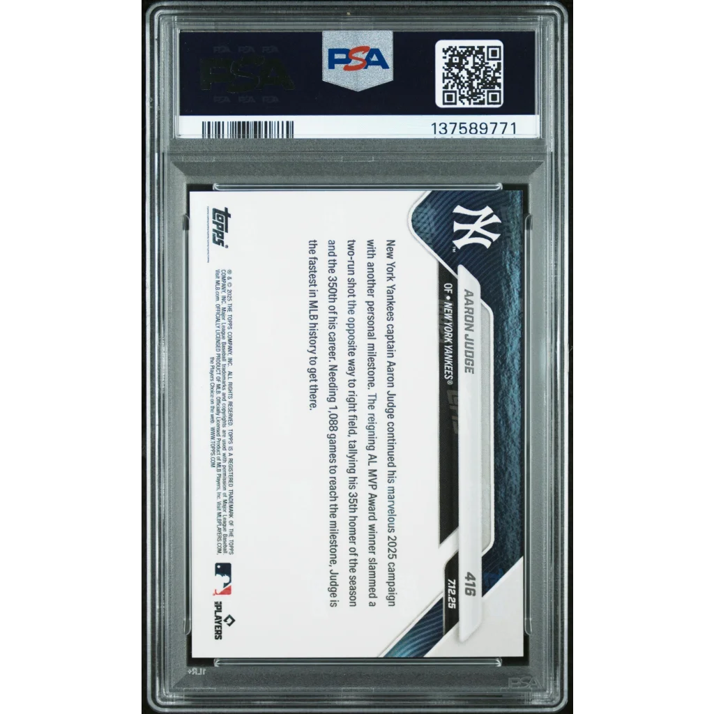 Graded 2025 Topps Now Aaron Judge #416 PSA 10 Gem Mint card in slab