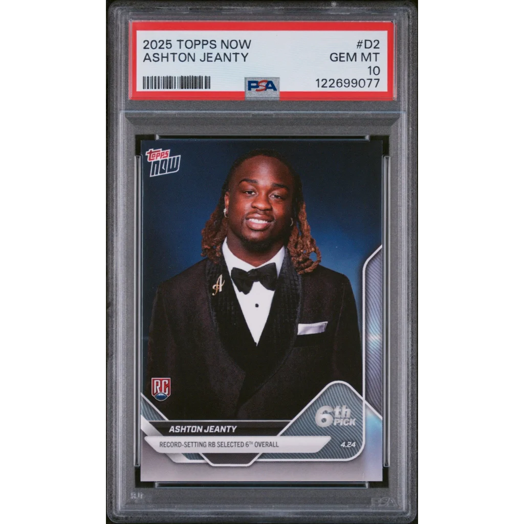 Graded 2025 Topps Now Ashton Jeanty #D2 Record Setting RB Selected 6th Overall Rookie RC Football Card PSA 10 Gem Mint | Hall of Fame Sports Memorabilia | vintageantiquesgifts.com