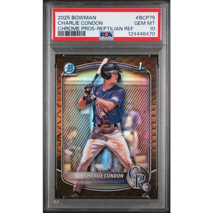 Graded 2025 Topps Bowman Charlie Condon #BCP75 Chrome Prospects Reptilian Refractor Rookie RC Baseball Card PSA 10 Gem Mint | Hall of Fame Sports Memorabilia | vintageantiquesgifts.com