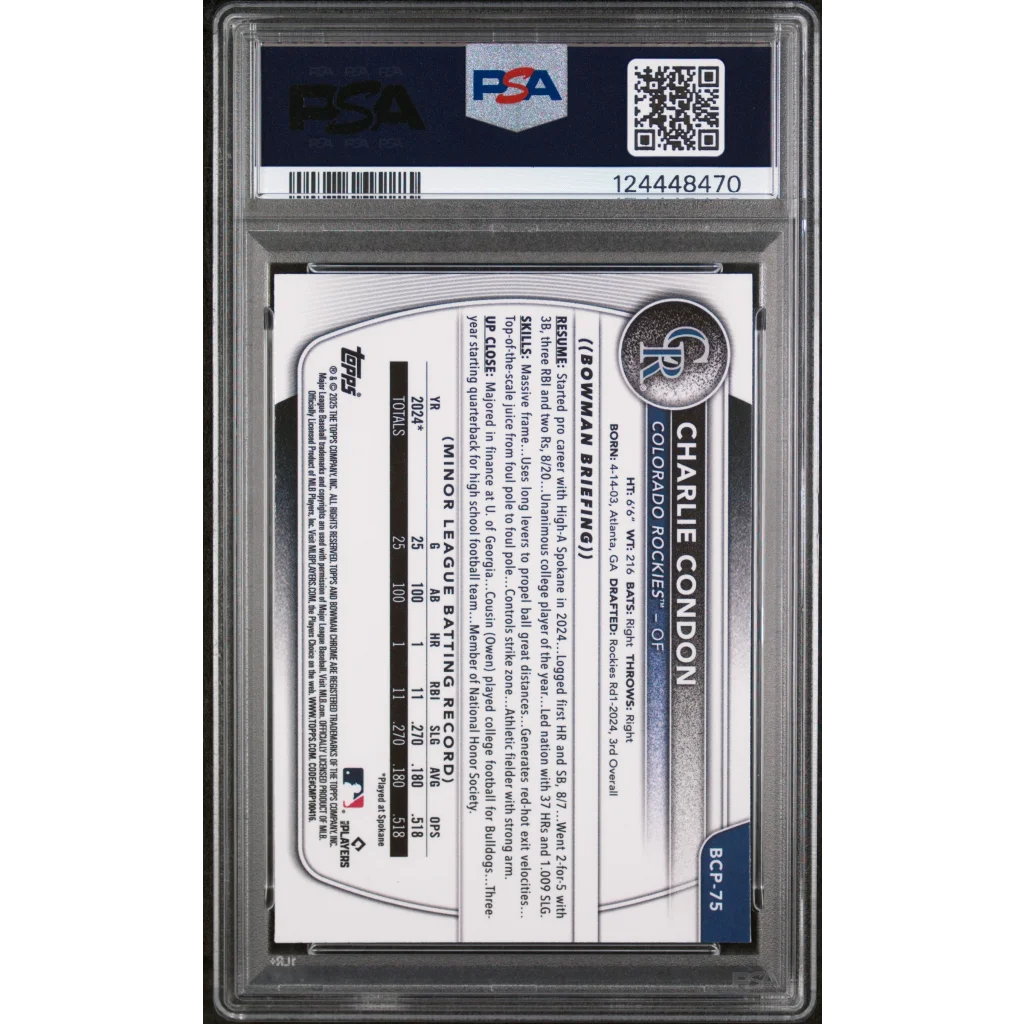 Graded 2025 Topps Bowman Charlie Condon #BCP75 Chrome Prospects Reptilian Refractor Rookie RC Baseball Card PSA 10 Gem Mint | PSA 10 Gem Mint Graded Rookie Card | vintageantiquesgifts.com