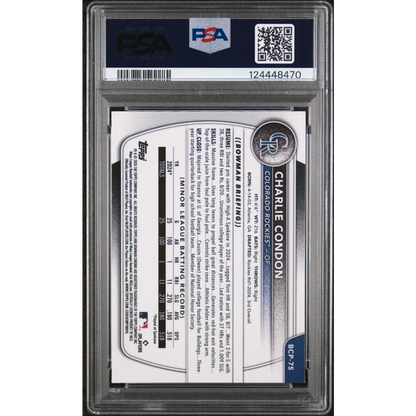 Graded 2025 Topps Bowman Charlie Condon #BCP75 Chrome Prospects Reptilian Refractor Rookie RC Baseball Card PSA 10 Gem Mint | PSA 10 Gem Mint Graded Rookie Card | vintageantiquesgifts.com