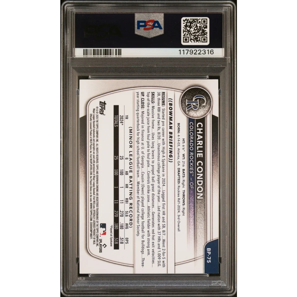 PSA 10 Graded 2025 Topps Bowman Charlie Condon Rookie Card Rockies Slab
