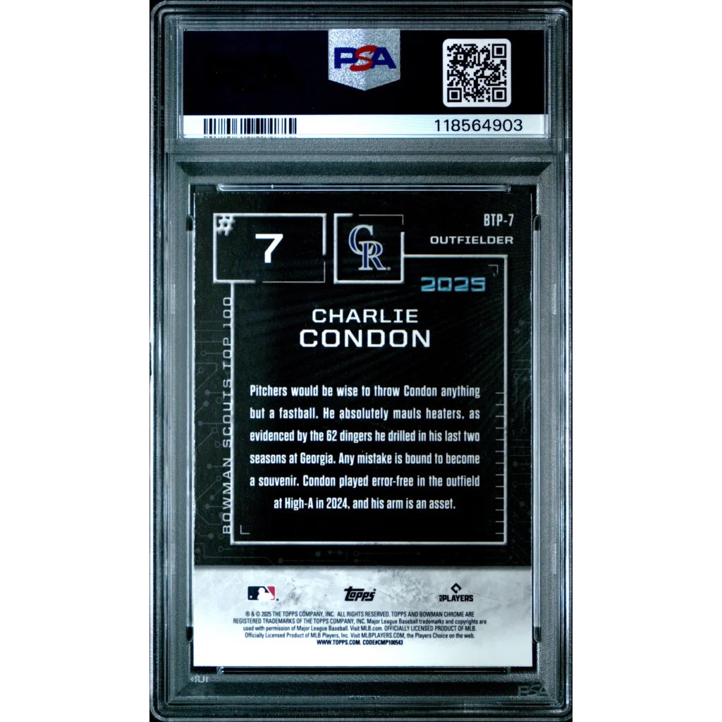 PSA 10 Graded 2025 Topps Bowman Charlie Condon #BTP7 Rookie RC Rockies Card