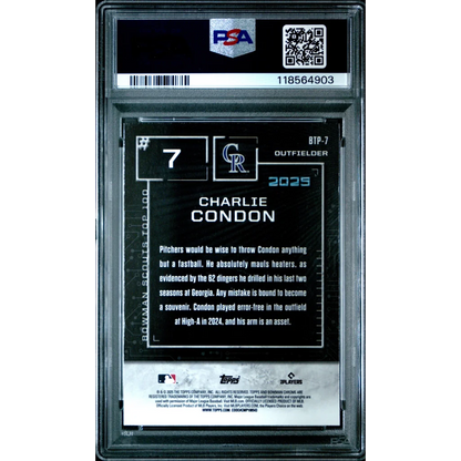 PSA 10 Graded 2025 Topps Bowman Charlie Condon #BTP7 Rookie RC Rockies Card