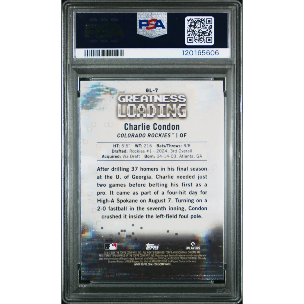 Graded 2025 Topps Bowman Charlie Condon #GL7 Greatness Loading Rookie RC Baseball Card PSA 10 Gem Mint | PSA 10 Gem Mint Graded Rookie Card | vintageantiquesgifts.com