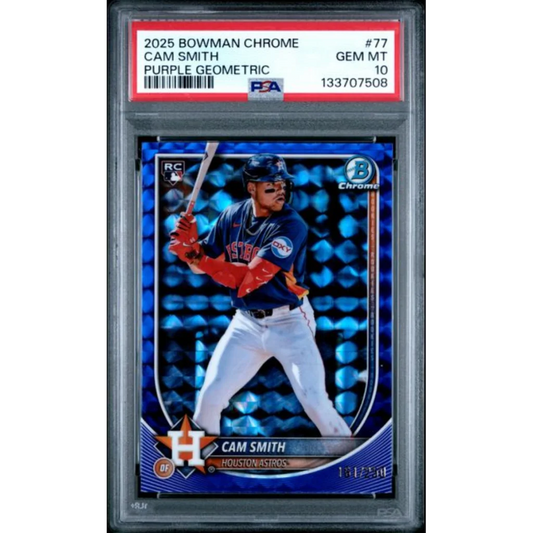Graded 2025 Topps Bowman Chrome Cam Smith 77 Purple Geometric 250 Rookie RC Baseball Card PSA 10 Gem Mint | Hall of Fame Sports Memorabilia | vintageantiquesgifts.com
