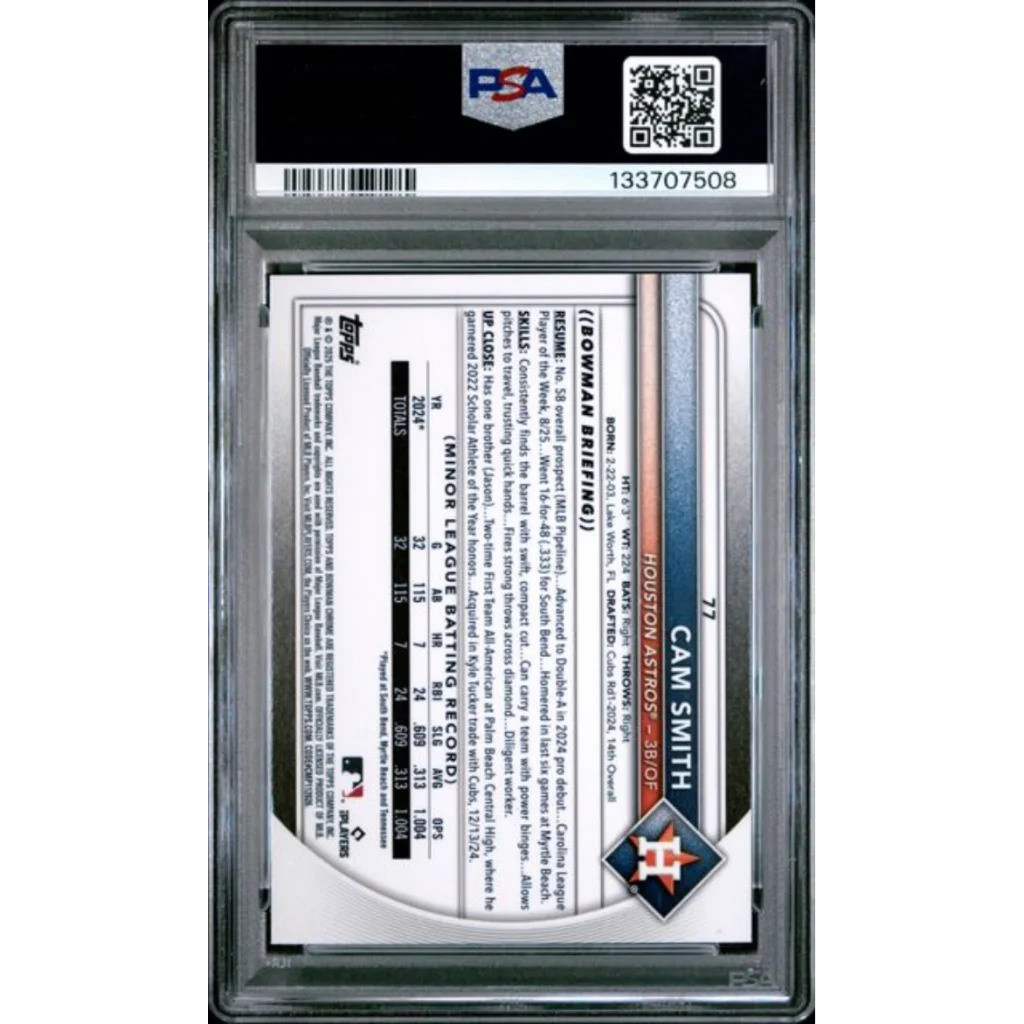 Graded 2025 Topps Bowman Chrome Cam Smith #77 Purple Geometric /250 PSA 10