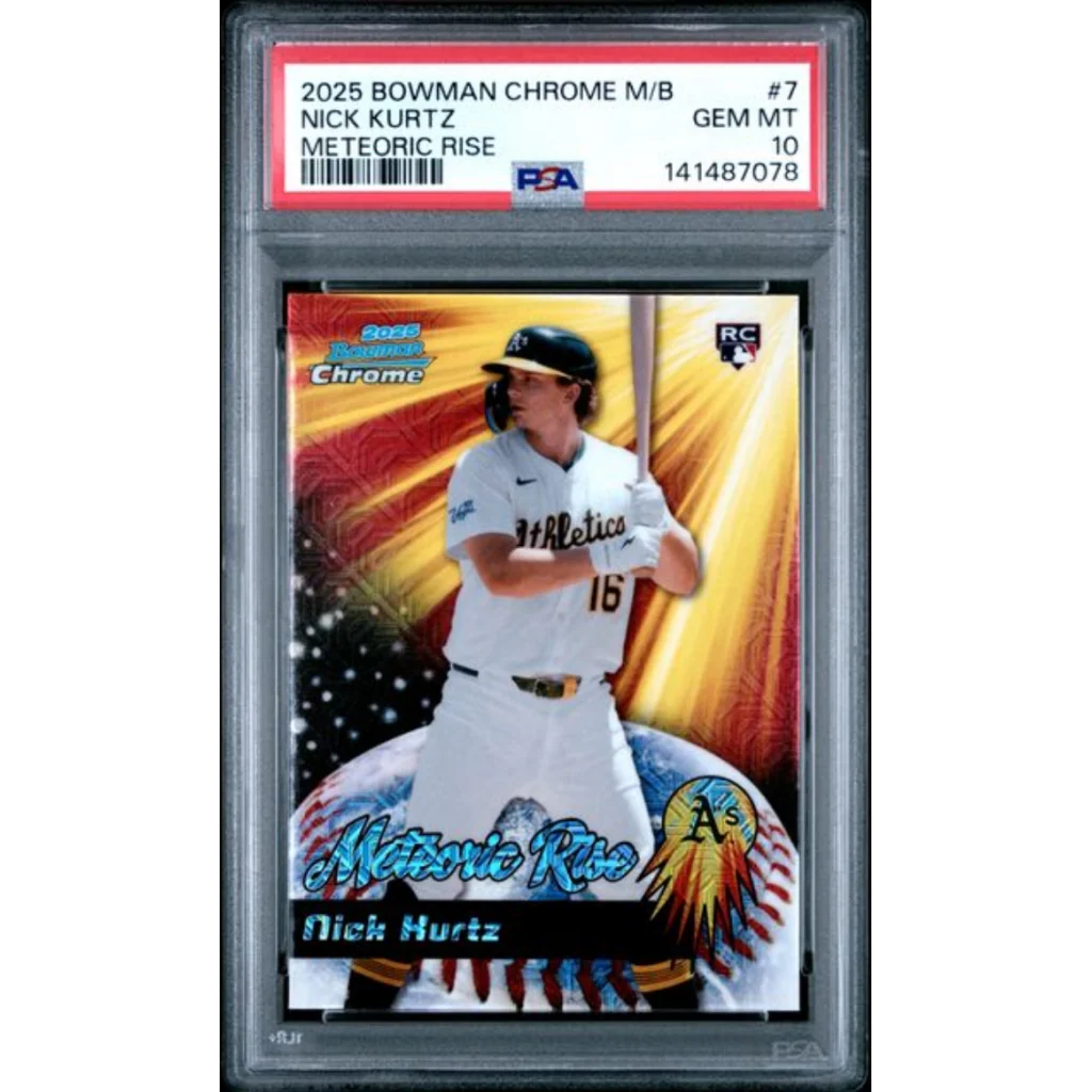 Graded 2025 Topps Bowman Chrome Mega Box Nick Kurtz 7 Meteoric Rise Rookie RC Baseball Card PSA 10 Gem Mint | Hall of Fame Sports Memorabilia | vintageantiquesgifts.com