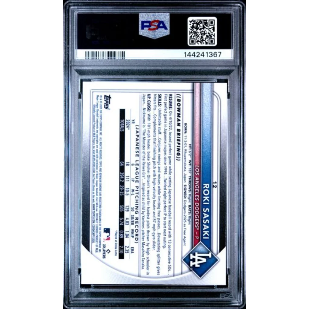 Graded 2025 Topps Bowman Chrome Roki Sasaki 12 Rookie RC Baseball Card PSA 10 Gem Mint | PSA 10 Gem Mint Graded Rookie Card | vintageantiquesgifts.com