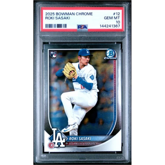 Graded 2025 Topps Bowman Chrome Roki Sasaki 12 Rookie RC Baseball Card PSA 10 Gem Mint | Hall of Fame Sports Memorabilia | vintageantiquesgifts.com