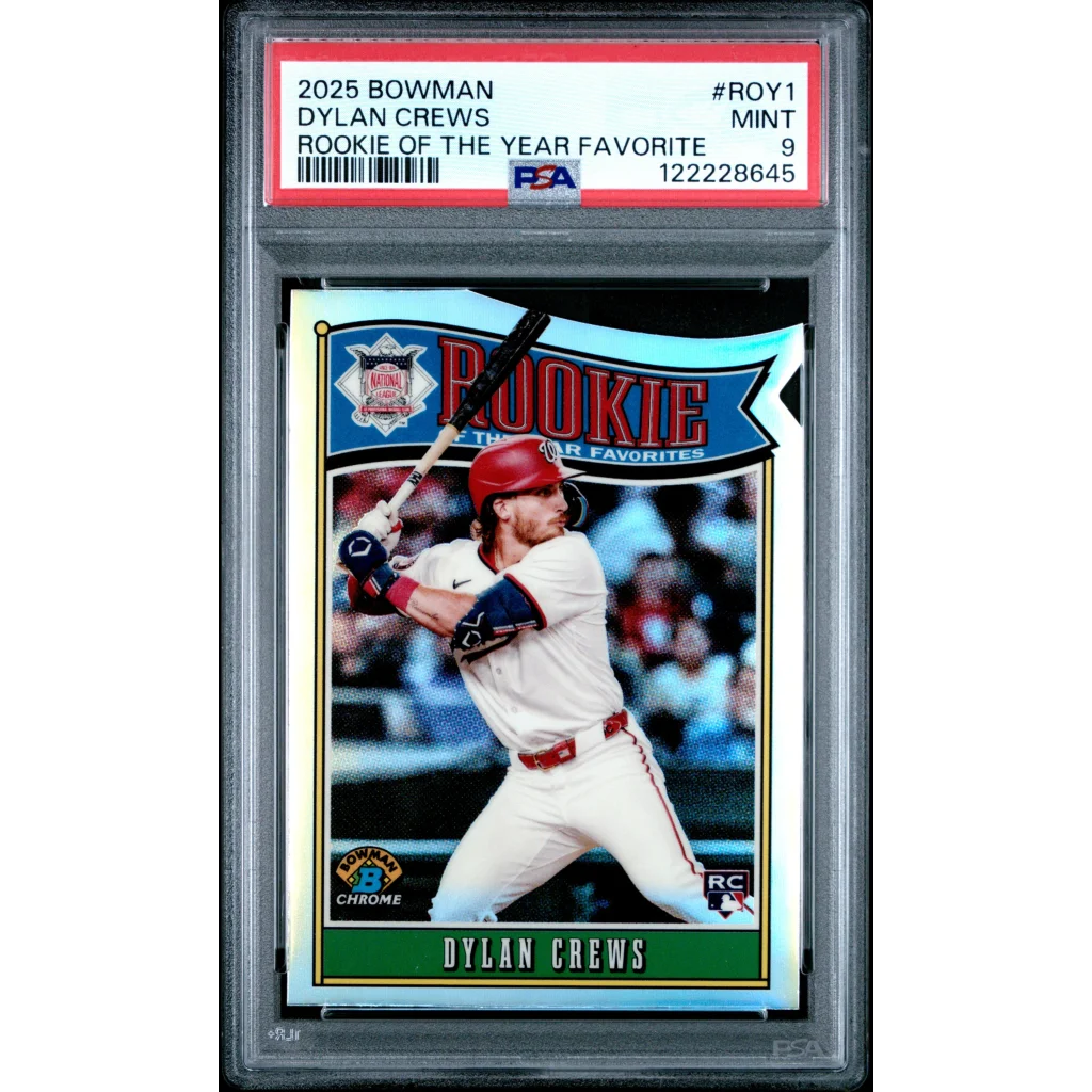 Graded 2025 Topps Bowman Dylan Crews #ROY1 Rookie of the Year Favorite Rookie RC Baseball Card PSA 9 Mint | Hall of Fame Sports Memorabilia | vintageantiquesgifts.com