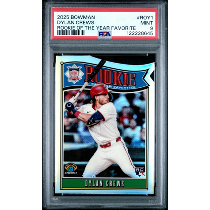 Graded 2025 Topps Bowman Dylan Crews #ROY1 Rookie of the Year Favorite Rookie RC Baseball Card PSA 9 Mint | Hall of Fame Sports Memorabilia | vintageantiquesgifts.com
