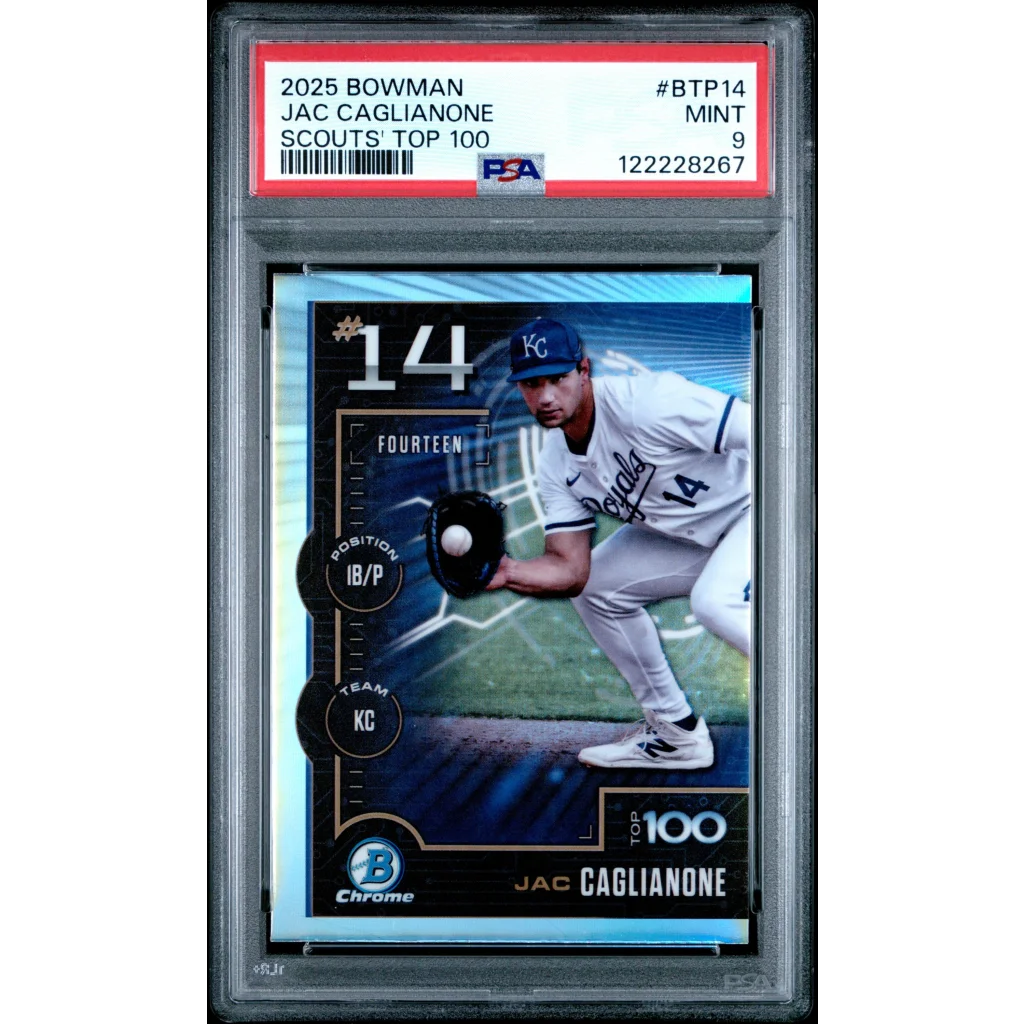 Graded 2025 Topps Bowman Jac Caglianone #BTP14 Scouts Top 100 Rookie RC Baseball Card PSA 9 Mint | Hall of Fame Sports Memorabilia | vintageantiquesgifts.com