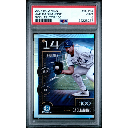 Graded 2025 Topps Bowman Jac Caglianone #BTP14 Scouts Top 100 Rookie RC Baseball Card PSA 9 Mint | Hall of Fame Sports Memorabilia | vintageantiquesgifts.com