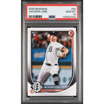 Graded 2025 Topps Bowman Jackson Jobe #50 Rookie RC Baseball Card PSA 10 Gem Mint | Hall of Fame Sports Memorabilia | vintageantiquesgifts.com