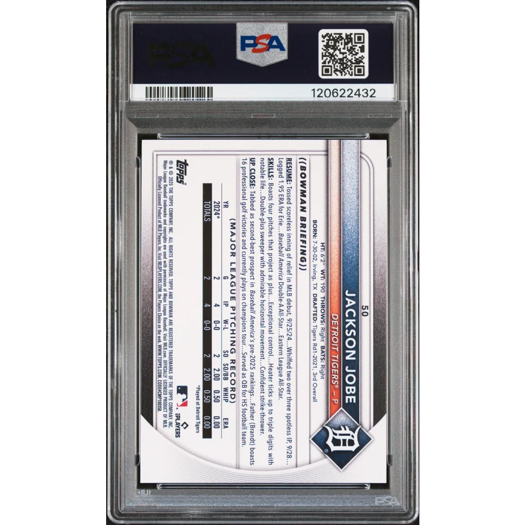 Graded 2025 Topps Bowman Jackson Jobe #50 Rookie RC Baseball Card PSA 10 Gem Mint | PSA 10 Gem Mint Graded Rookie Card | vintageantiquesgifts.com
