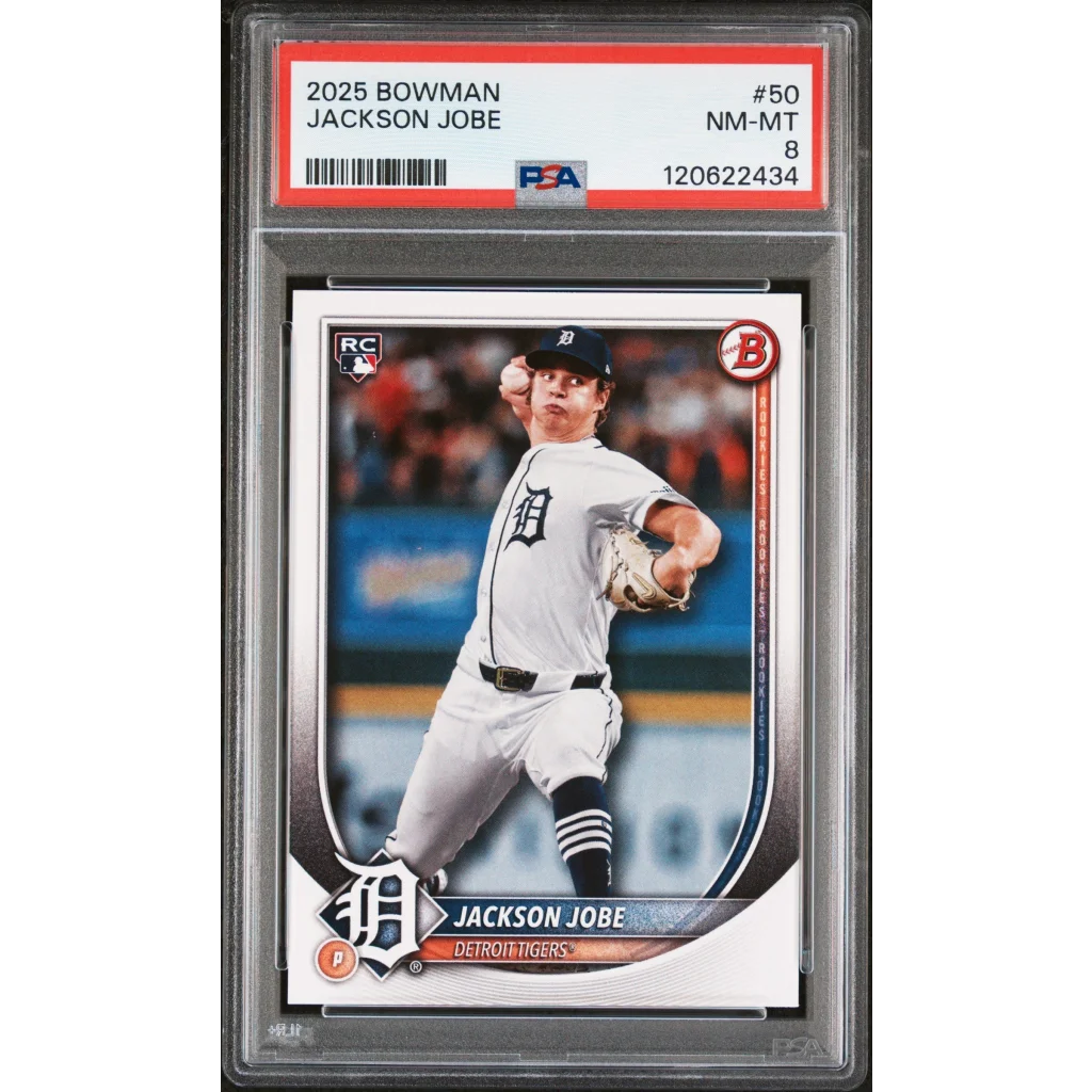 Graded 2025 Topps Bowman Jackson Jobe #50 Rookie RC Baseball Card PSA 8 Near Mint | Hall of Fame Sports Memorabilia | vintageantiquesgifts.com