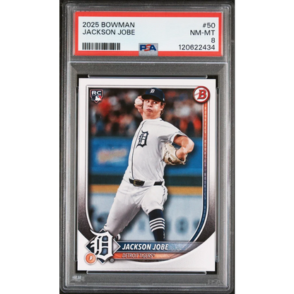 Graded 2025 Topps Bowman Jackson Jobe #50 Rookie RC Baseball Card PSA 8 Near Mint | Hall of Fame Sports Memorabilia | vintageantiquesgifts.com
