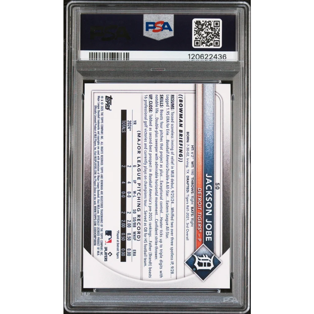 Graded 2025 Topps Bowman Jackson Jobe #50 Rookie RC Baseball Card PSA 9 Mint