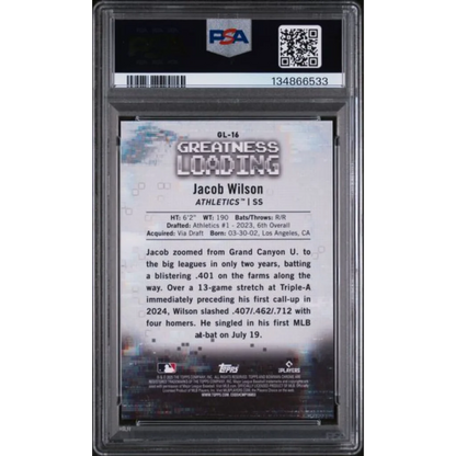 Graded 2025 Topps Bowman Jacob Wilson GL16 Greatness Loading Green Refractor 99 Rookie RC Baseball Card PSA 10 Gem Mint | PSA 10 Gem Mint Graded Rookie Card | vintageantiquesgifts.com