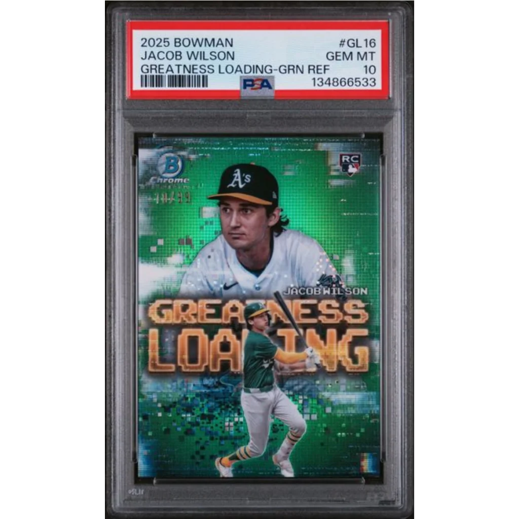 Graded 2025 Topps Bowman Jacob Wilson GL16 Greatness Loading Green Refractor 99 Rookie RC Baseball Card PSA 10 Gem Mint | Hall of Fame Sports Memorabilia | vintageantiquesgifts.com