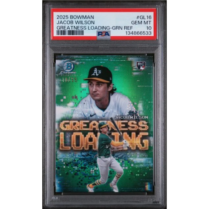 Graded 2025 Topps Bowman Jacob Wilson GL16 Greatness Loading Green Refractor 99 Rookie RC Baseball Card PSA 10 Gem Mint | Hall of Fame Sports Memorabilia | vintageantiquesgifts.com