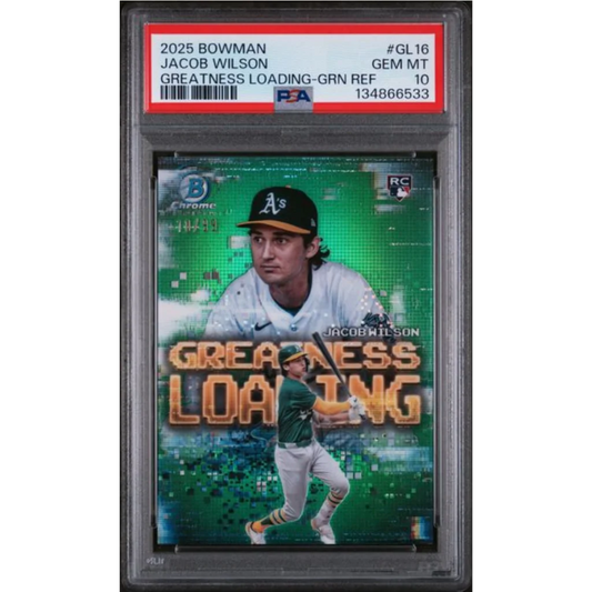 Graded 2025 Topps Bowman Jacob Wilson GL16 Greatness Loading Green Refractor 99 Rookie RC Baseball Card PSA 10 Gem Mint | Hall of Fame Sports Memorabilia | vintageantiquesgifts.com