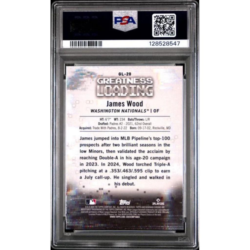 Graded 2025 Topps Bowman James Wood GL20 Greatness Loading Rookie RC Baseball Card PSA 10 Gem Mint | PSA 10 Gem Mint Graded Rookie Card | vintageantiquesgifts.com