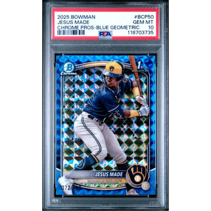 Graded 2025 Topps Bowman Jesus Made #BCP50 Chrome Prospects Blue Geometric /150 Rookie RC Baseball Card PSA 10 Gem Mint