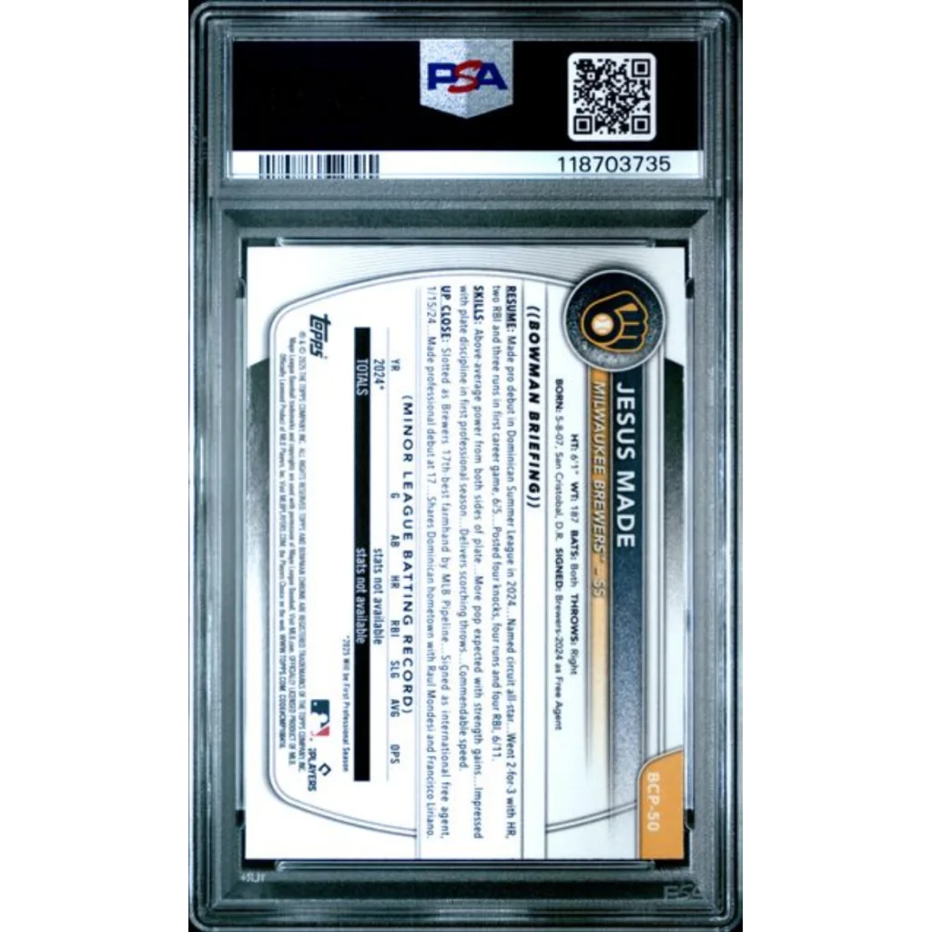 Graded 2025 Topps Bowman Jesus Made #BCP50 Chrome Prospects Blue Geometric /150 Rookie RC Baseball Card PSA 10 Gem Mint