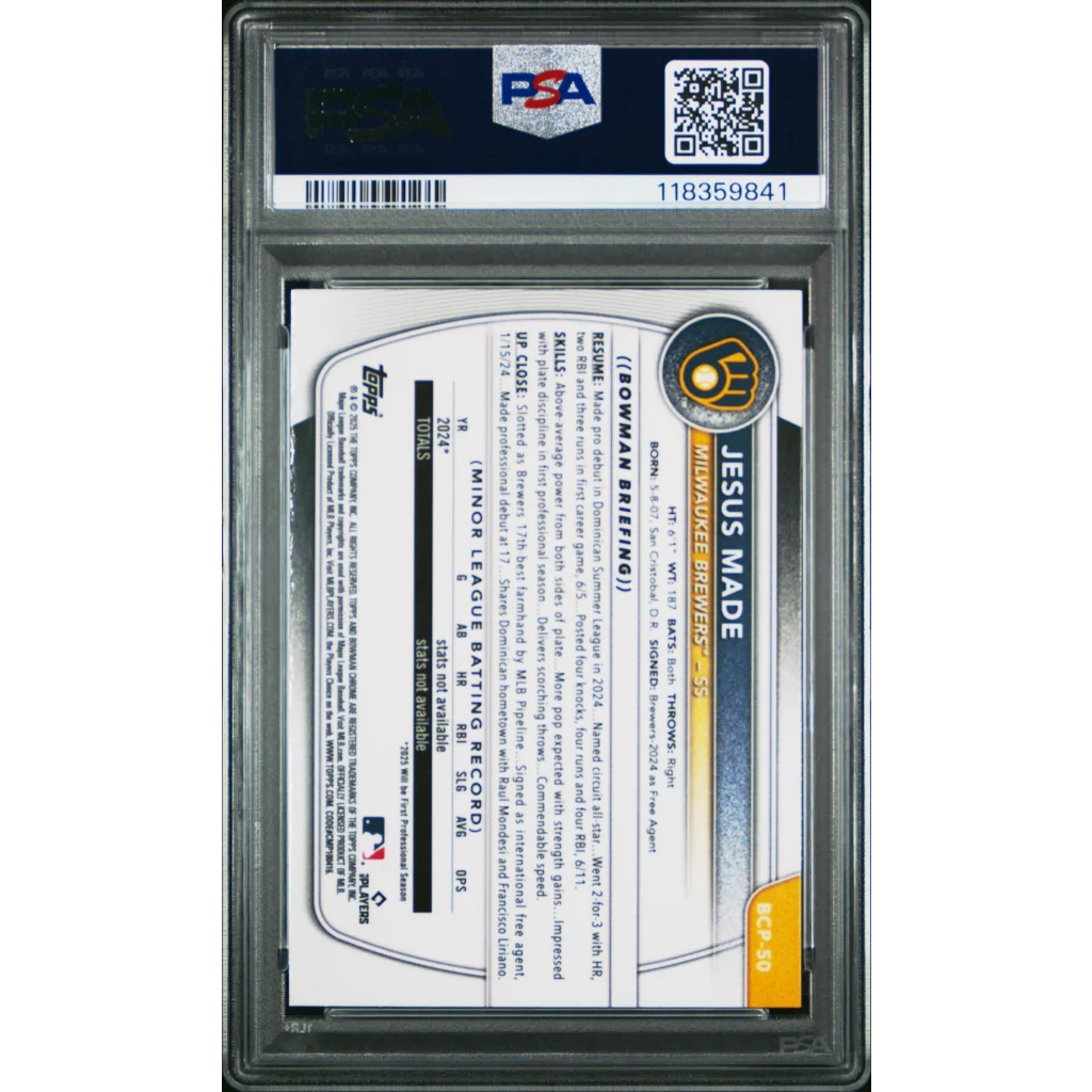 Graded 2025 Topps Bowman Jesus Made #BCP50 Chrome Prospects Reptilian Refractor Rookie RC Baseball Card PSA 10 Gem Mint | PSA 10 Gem Mint Graded Rookie Card | vintageantiquesgifts.com
