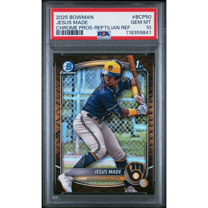 Graded 2025 Topps Bowman Jesus Made #BCP50 Chrome Prospects Reptilian Refractor Rookie RC Baseball Card PSA 10 Gem Mint | Hall of Fame Sports Memorabilia | vintageantiquesgifts.com