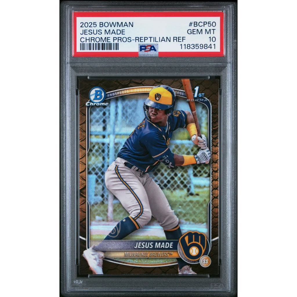 Graded 2025 Topps Bowman Jesus Made #BCP50 Chrome Prospects Reptilian Refractor Rookie RC Baseball Card PSA 10 Gem Mint