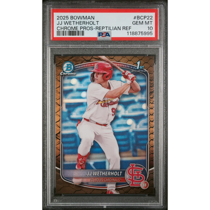 Graded 2025 Topps Bowman JJ Wetherholt #BCP22 Chrome Prospects Reptilian Refractor Rookie RC Baseball Card PSA 10 Gem Mint | Hall of Fame Sports Memorabilia | vintageantiquesgifts.com
